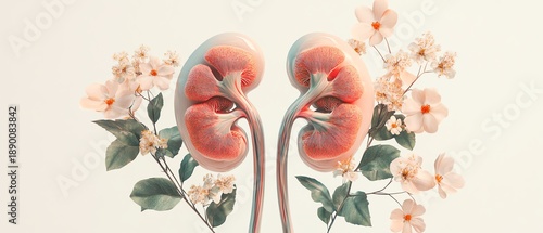Healthy human kidneys integrated with flowers and leaves