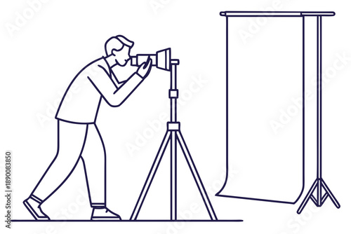 Minimalist flat vector illustration of a photographer using a camera on a tripod in a studio setting