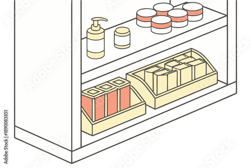Neatly organized shelf displaying various packaged products and containers within a clean retail or storage environment.