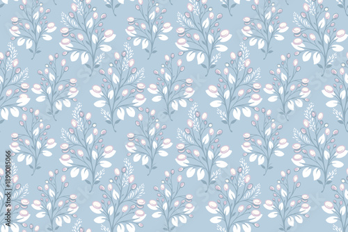 Seamless botanical pattern with delicate floral branches, soft blue background, and pastel berries. Elegant and vintage inspired, perfect for fabric, wallpaper, packaging, wedding decor, textiles