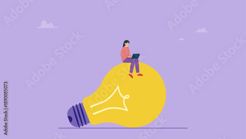 Businesswoman working with computer laptop on big bulb idea. Idea or innovation to success, inspiration or solution to solve work problem, project planning, creativity or expertise.