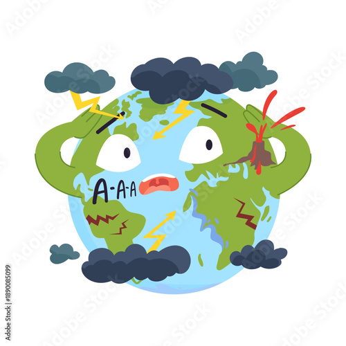 Cartoon planet Earth character showing stress from natural disasters like storms, lightning, earthquakes, and volcanoes, isolated on white background vector illustration