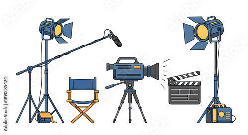 Complete film set with two spotlights, a camera on tripod, clapperboard, director's chair, and boom microphone, ideal for movie making and creative production themes.