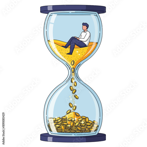 Man sitting on sand in an hourglass, with sand turning into gold coins, symbolizing time is money.