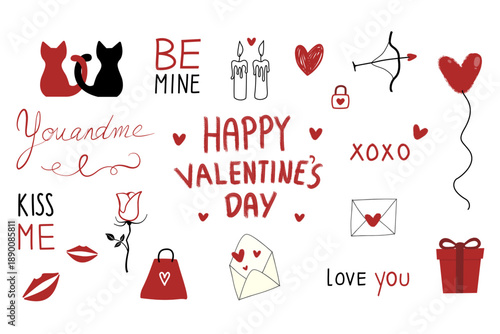 Hand drawn Valentines day elements illustrations vector set. Cute cartoon clipart for day of lovers.