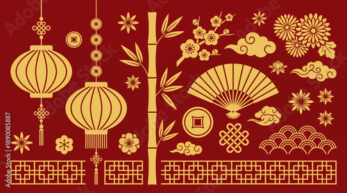 Intricate red and gold Chinese festival design with hanging lanterns, fans, blossoms, and ornate patterns for Lunar New Year decor and auspicious celebration