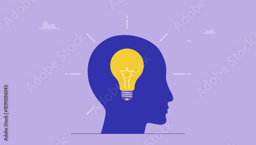 Human head with bright lightbulb metaphor of wisdom and education. Wisdom, education or philosophy, knowledge and learning, understanding or intuition, critical thinking or creativity, study.