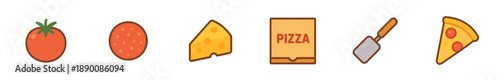 Colorful flat line icons illustrating the pizza making process.