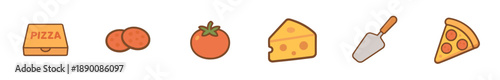 Line icons of pizza ingredients and a slice.