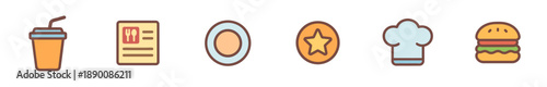 Description: Colorful flat icons for restaurant menus and food service.