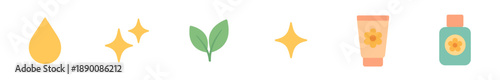 Flat skincare icons featuring drops, leaves, and product tubes.