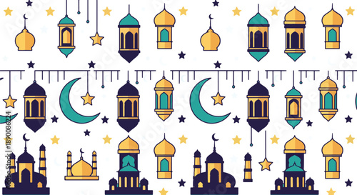 Ramadan Decoration Pattern: Seamless pattern design featuring the radiant symbol of the Ramadan with vibrant decorations.