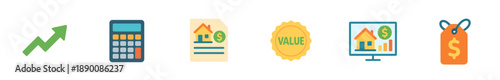 Description: Colorful flat icons for real estate marketing and financial data.