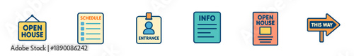 Colorful real estate icons for open house events and directions.