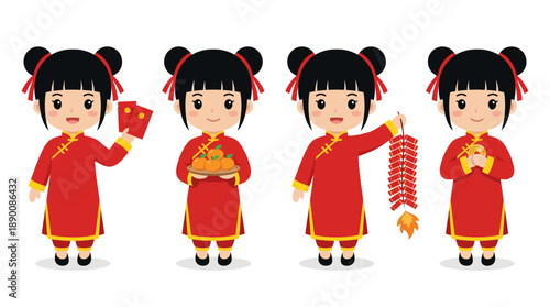 Four cheerful cartoon girls in red cheongsam outfits celebrating Chinese New Year with festive props (red envelopes and gold ingots) in a bright, kid-friendly illustration.