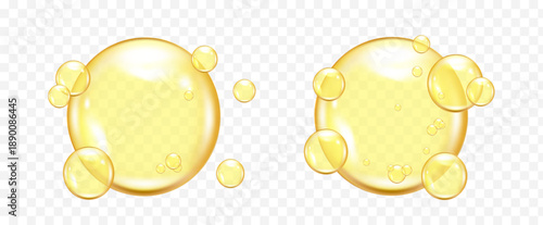 Set of golden, yellow vitamins oil drops, skincare cream or gel collagen bubbles. Realistic bubbles vector illustration on transparent background	