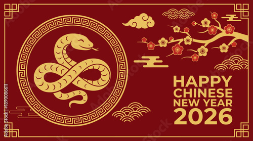 Chinese New Year 2026 celebration with a golden snake emblem on a red and gold background, featuring auspicious motifs, clouds, and festive typography