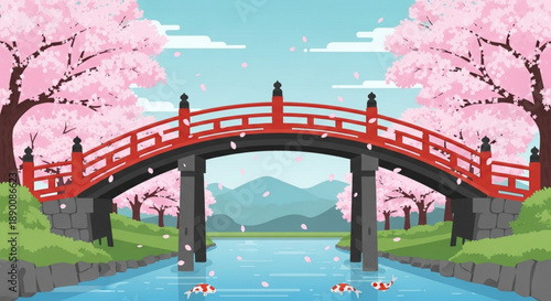 Japanese Red Bridge with Cherry Blossoms over River