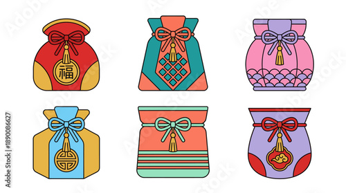 Six colorful drawstring money bags with gold coins in a playful vector illustration, decorative gift pouches in assorted colors and patterns