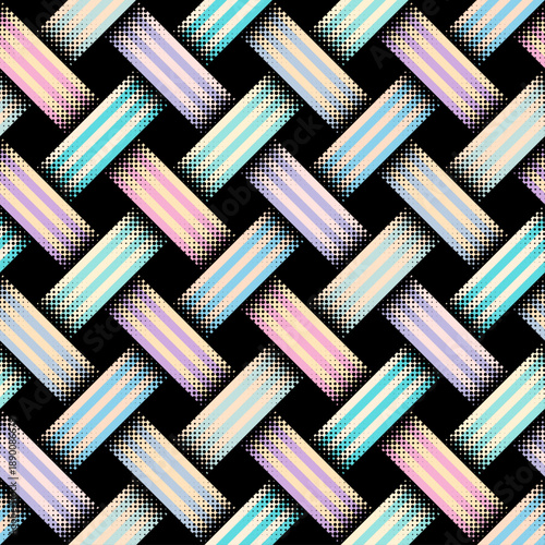 Halftone style textured woven lines ribbons background. Seamless vector pattern on black background.