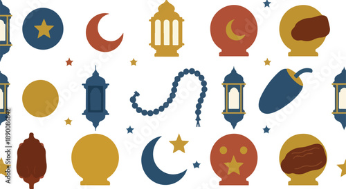 Ramadan Elements Pattern: A vibrant and colorful pattern featuring symbolic elements associated with Ramadan, evoking the spirit of the holy month.