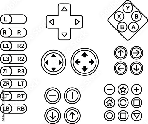 Video Game Controller Buttons and Directional Pad Outline Style Black and White Vector on White