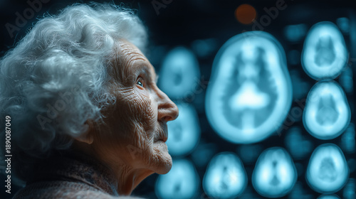Elderly woman profile with brain scans background