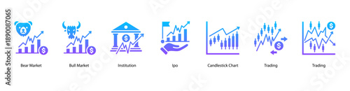 Market Trends web banner icon vector illustration featuring Bear Market, Bull Market, Institution, IPO, Candlestick Chart, Trading, and Trading.