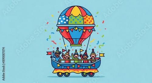 Colorful Hot Air Balloon Carriage with People Flying over Light Blue Background