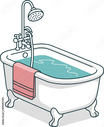 Classic bathtub with running shower illustration, bathroom interior hygiene concept, relaxing bath spa design, cleanliness and wellness theme, isolated on white background