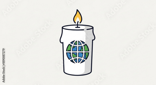 Lit Candle with Earth Symbol on White Background