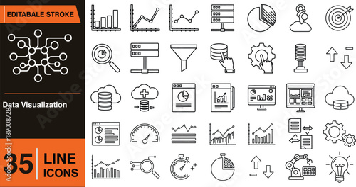 Collection of 35 line icons for infographics and data visualization