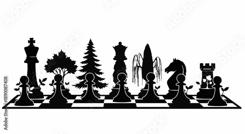 Silhouettes of chess pieces and trees form a strategic cityscape on a checkered board.