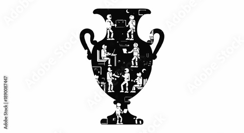 Ancient vase silhouette filled with modern office workers and technology