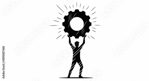 Silhouette of a person holding up a shining gear, symbolizing innovation and achievement.