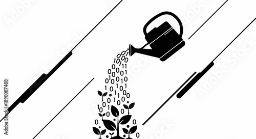 Digital growth concept: watering plant with binary code for innovation and development