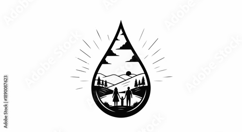 Family silhouette inside a water drop, symbolizing conservation and nature's beauty.