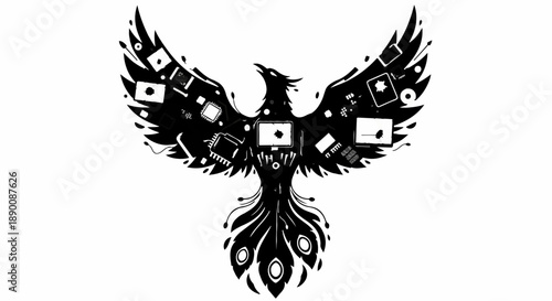 Phoenix rising from digital elements, symbolizing rebirth and innovation in technology