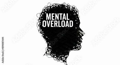 Silhouette of a head with tangled scribbles representing mental overload and stress