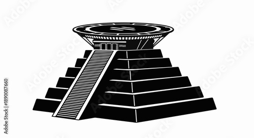 Futuristic pyramid structure with a modern circular platform on top, symbolizing ancient innovation and progress.