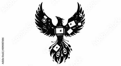 Majestic phoenix with intricate geometric patterns and glowing stars symbolizes rebirth and transformation.