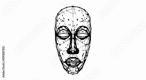 Abstract geometric face with closed eyes, representing inner reflection and digital identity.