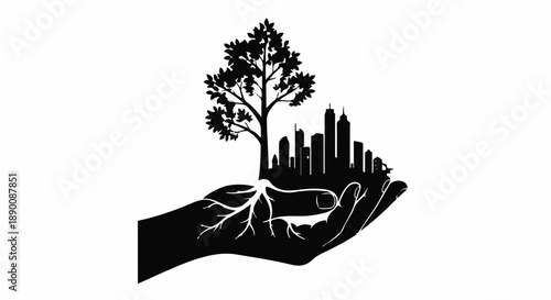 Caring hand cradles silhouette of a thriving city and tree, symbolizing urban growth and nature.