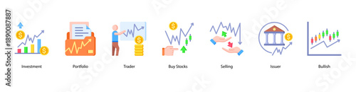 Investment Strategies web banner icon vector illustration featuring Investment, Portfolio, Trader, Buy Stocks, Selling, Issuer, and Bullish.