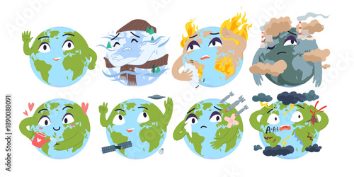 Various cartoon planet Earth faces show emotions like happiness, sadness, pollution, and climate change, ideal for environmental awareness and education, isolated on white background vector