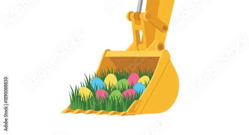 Excavator bucket filled with colorful Easter eggs and grass, a playful representation of Easter egg hunt and spring festivities.