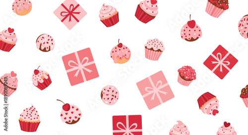 Whimsical Valentine's Day pattern featuring cute cupcakes and gift boxes in shades of pink and red, perfect for festive backgrounds and decorations.