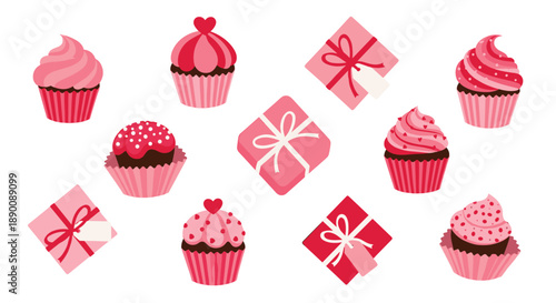 Charming collection of pink and red cupcakes and gift boxes with ribbons and tags, ideal for Valentine's Day and romantic themed designs.