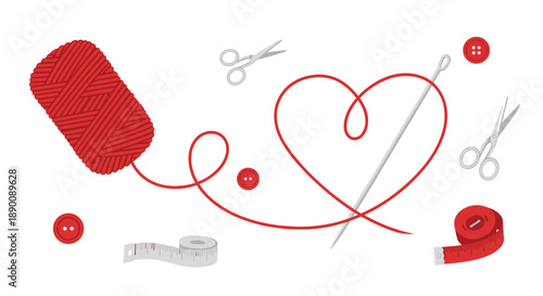 A sewing and crafting scene featuring a ball of red yarn, needle, thread forming a heart, scissors, buttons, and a measuring tape.