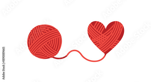 A red ball of yarn connected by a thread to a heart shape made of yarn, representing love and the creation of bonds.